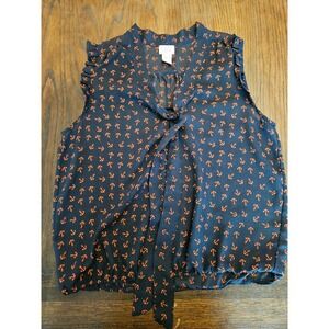 Eyelash Couture Womens Navy Blue Anchor Print Tie Neck Ruffle Blouse L